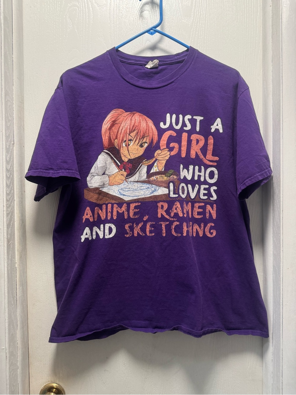 Gildan Purple Graphic Tee with Pink Anime Girl and Ramen Illustration